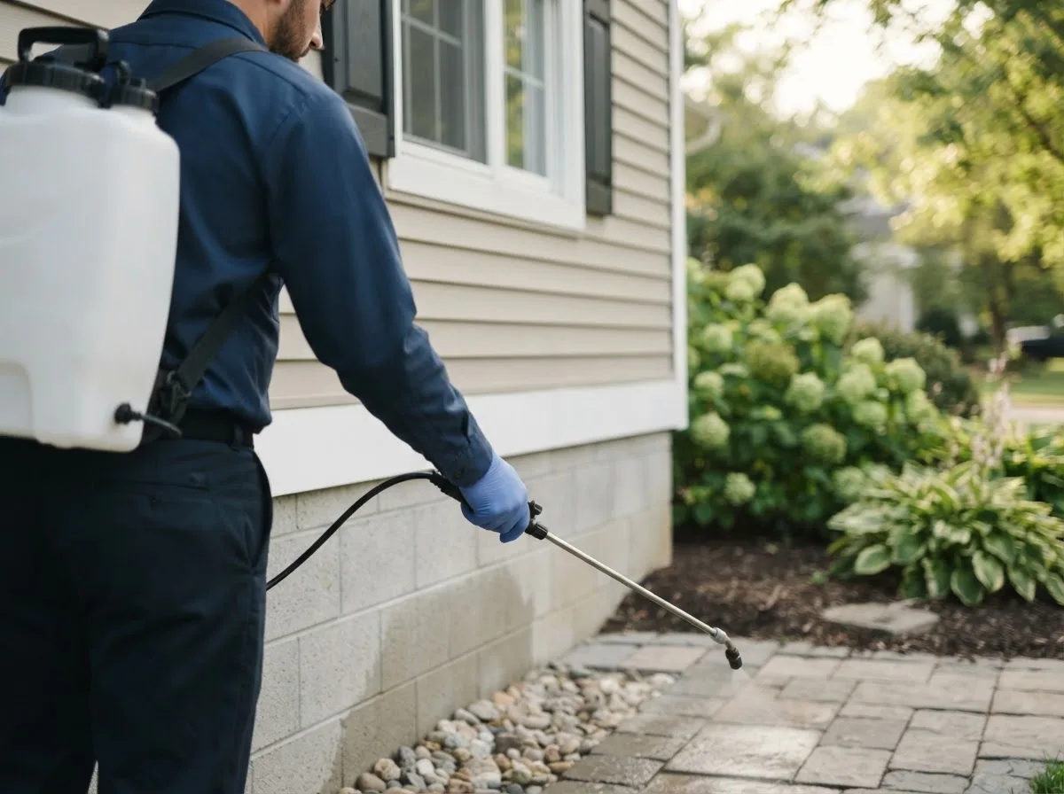 Pest control technician inspecting a home in Saint Charles, MI